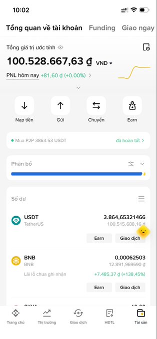 A screenshot of a Vietnamese cryptocurrency exchange app (Binance) showing a total estimated value of 100,528,667.63 VND, holdings of USDT and BNB, and action buttons like 'Nạp tiền' (Deposit), 'Gửi' (Send), 'Chuyển' (Transfer), and 'Earn'.
