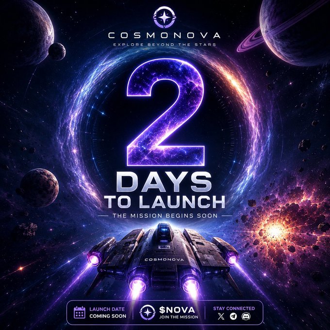 A futuristic space-themed promotional poster for "COSMONOVA" featuring a glowing purple "2 DAYS TO LAUNCH" countdown beside a sleek spaceship set against a cosmic backdrop with planets and a portal. The bottom displays "$NOVA - JOIN THE MISSION," tying into the launch announcement post about the meme token's upcoming mission into the crypto universe.