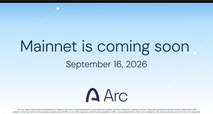 A promotional graphic announces "Mainnet is coming soon" with the date "September 16, 2026" displayed above the "Arc" logo.