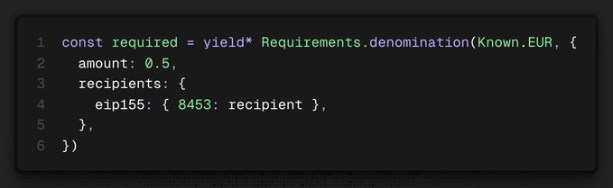Code snippet showing JavaScript with 'Requirements.denomination(Known.EUR, { amount: 0.5, recipients: { eip155: { 8453: recipient } } })'.