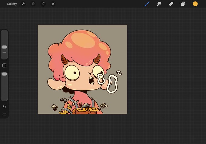 A digital art gallery view showing a cartoon-style character with pink puffy hair, horns, and wide eyes, with a "NOT FOR SALE" tag at the bottom.