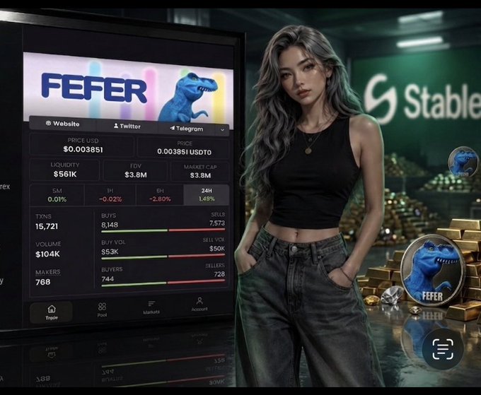 A promotional image featuring a woman in a black tank top and jeans next to a FEFER cryptocurrency trading dashboard and a blue T-Rex token.