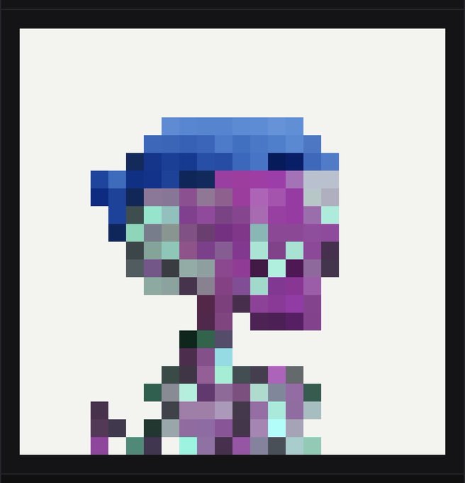 A pixel art image composed of purple, blue, and green squares arranged in the shape of a question mark.