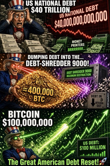 A three-panel satirical meme titled 'The Great American Debt Reset!' depicting the US National Debt reaching $40 trillion, a 'Debt Shredder 9000' processing approximately 400,000 BTC, and a projection of Bitcoin reaching $100,000,000.