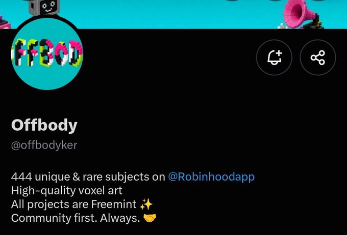 A social media profile for 'Offbody' (@offbodyker) featuring a cyan circular avatar with pixelated glitch art spelling 'OFFBODY', advertising '444 unique & rare subjects on @Robinhoodapp', 'High-quality voxel art', 'All projects are Freemint', and 'Community first. Always.'