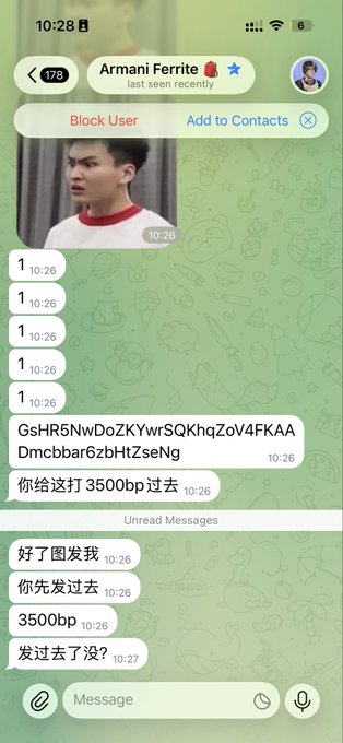 A Telegram chat screenshot with 'Armani Ferrite' showing messages in Chinese asking about sharing a '3500bp' file, along with a photo of a young man and an alphanumeric string.