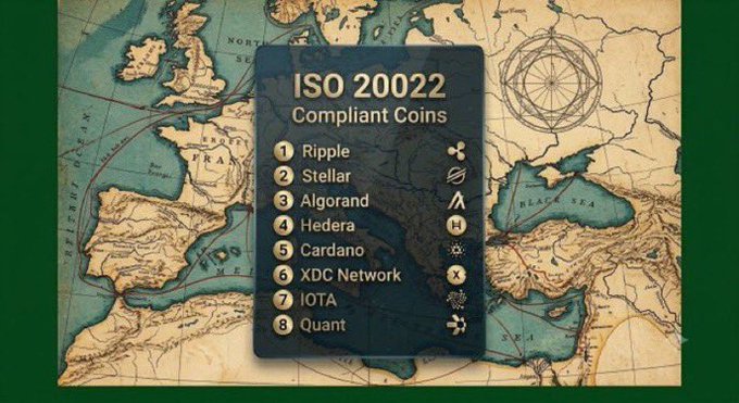 Infographic titled 'ISO 20022 Compliant Coins' listing eight cryptocurrencies—Ripple, Stellar, Algorand, Hedera, Cardano, XDC Network, IOTA, and Quant—displayed over an antique-style world map background.
