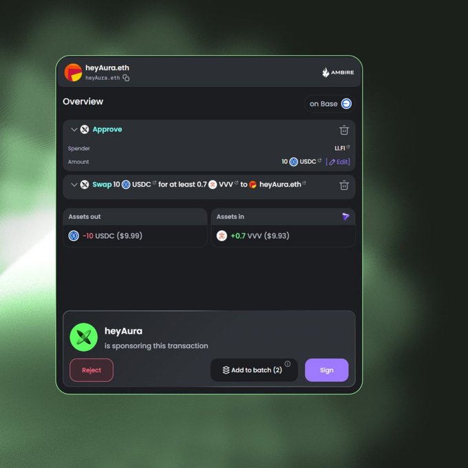 A digital wallet interface for 'heyAura.eth' on the Base chain sponsored by heyAura, showing an approval and swap of 10 USDC for at least 0.7 VVV, with Reject, Add to batch, and Sign buttons.