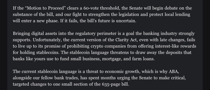 The image contains text from a statement (likely from the American Bankers Association) warning that the Clarity Act's stablecoin language threatens bank deposits used for small business, mortgage, and farm loans, urging senators to make "critical, targeted changes to one small section of the 635-page bill" before a key procedural vote requiring a 60-vote threshold.

The post notes that ABA is pushing bank CEOs to pressure senators to vote NO on the motion to proceed, aligning with the text's warning that the current version fails to prohibit crypto companies from offering interest-like stablecoin rewards.