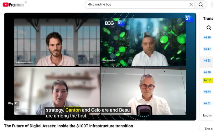 A screenshot of a YouTube video titled "The Future of Digital Assets: Inside the $100T infrastructure transition" featuring a four-panel video call discussing DTCC's blockchain initiatives, with visible captions mentioning "Canton," "Celo," and "Besu" at the 46:37 timestamp. The post highlights how this segment covers real money and real trades on blockchains like Canton Network, Stellar, and Besu.
