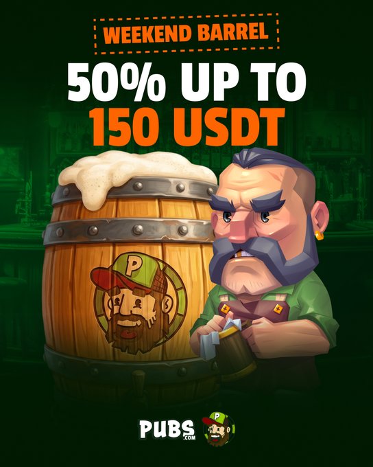 A promotional banner for Pubs.com advertising a 'WEEKEND BARREL' bonus of '50% UP TO 150 USDT' featuring a cartoon man holding a beer mug next to a wooden barrel.