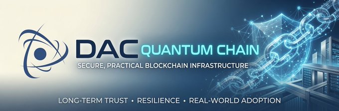 The image features a banner for a company called Dac Quantum Chain. It has a blue background with white text that says "DAC Quantum Chain" at the top, followed by "Long-term trust", "Resilience", and "Real Web3 is built on trust, not hype". The banner also includes a link to a website named "www.dacchain.com".