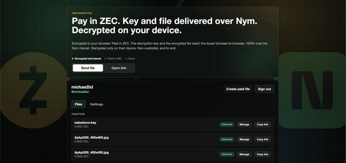 The screen displays a page offering to deliver a file over Nym using paid Zcash service. Users can pay for their files by entering their payment details into a cookie. A key is also required for this transaction, which must be stored securely on the device being encrypted. The image has a black background and white text, with two icons: one green and yellow, and another in white.