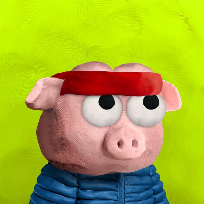 A 3D clay-style pig character with a red headband and blue jacket is displayed against a bright green background. The image represents one of the daily "Clay Stonkz" NFT posts, with the pig symbolizing the current price of $23 (0.0095 ETH) shared as part of the "DAY 4" series.