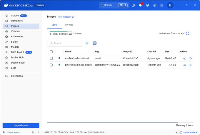 Docker Desktop interface showing the Images section with two local images, including "pinetwork/pi-node-docker" tagged community-v1.0-p25.2.2, confirming the successful upgrade mentioned in the post.