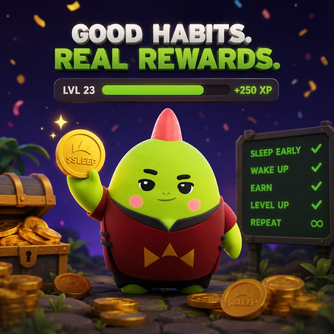 ursa, a green alien character with a red hat and bowtie, holds a gold coin above a sign for "Good Habits Real Rewards."