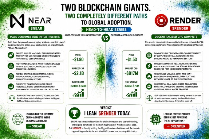 A side-by-side comparison infographic titled "TWO BLOCKCHAIN GIANTS. TWO COMPLETELY DIFFERENT PATHS TO GLOBAL ADOPTION," contrasting $NEAR (mass-consumer Web3 infrastructure, priced ~$1.90, ~$2.1B market cap) against $RENDER (decentralized GPU compute, priced ~$1.53, ~$817M market cap), with a verdict favoring $RENDER for AI-driven GPU demand. The chart complements the post's "WHALE WATCH" framing by visually breaking down price, market cap, 24-hour volume, and sector-specific strengths for each cryptocurrency.