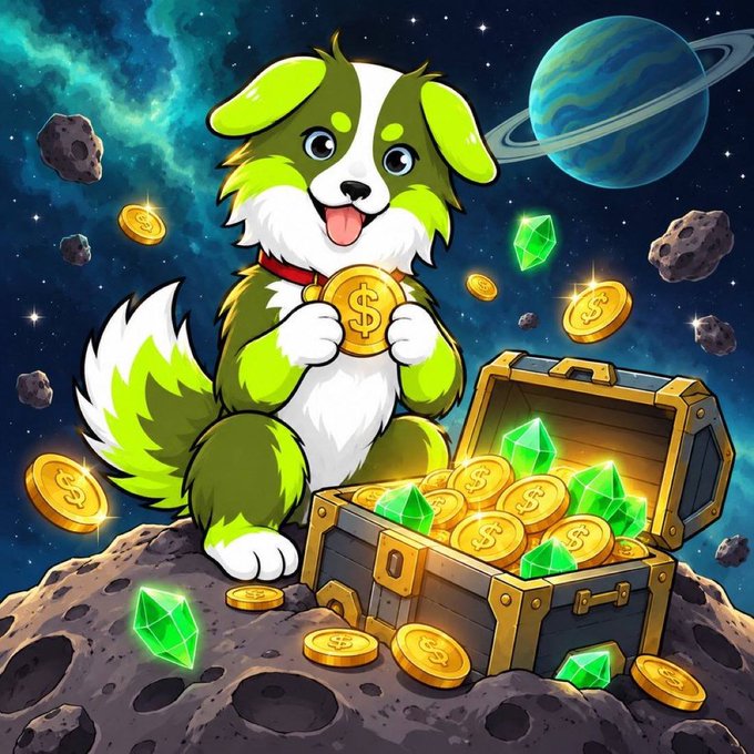 A cheerful green and white cartoon dog clutches a gold coin with a "$" symbol while sitting beside an overflowing treasure chest filled with gold coins and emerald gems, set against a starry cosmic backdrop featuring a ringed planet and floating asteroids. The image visually represents the "$ROBDOG" meme token mentioned in the post, depicting the mascot as a "space treasure hunter" to evoke themes of early investment gains and potential wealth accumulation.