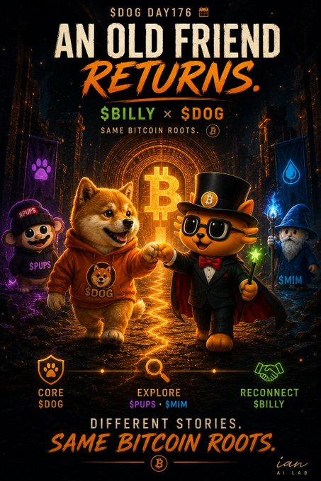 A promotional crypto graphic titled 'AN OLD FRIEND RETURNS' features $BILLY x $DOG with 'SAME BITCOIN ROOTS,' depicting cartoon dog characters including a wizard, magician, and miner alongside $PUPS and $SMIM.