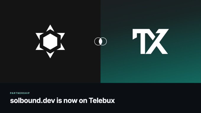 A promotional graphic announces 'PARTNERSHIP: solbound.dev is now on Telebux' with geometric logos on a split black and teal background.