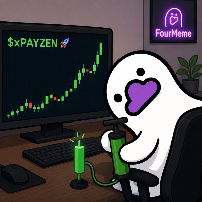 A cartoon ghost character sits at a desk holding a green pump connected to a "$xPAYZEN" candlestick chart rocket, with a "FourMeme" neon sign glowing on the wall, illustrating the launch of the $xPAYZEN token on the Four.Meme platform.