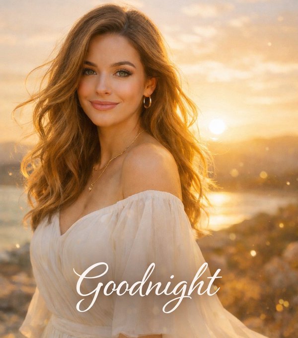 A portrait of a smiling woman with long wavy hair at sunset with the word "Goodnight" written in elegant script across the image.