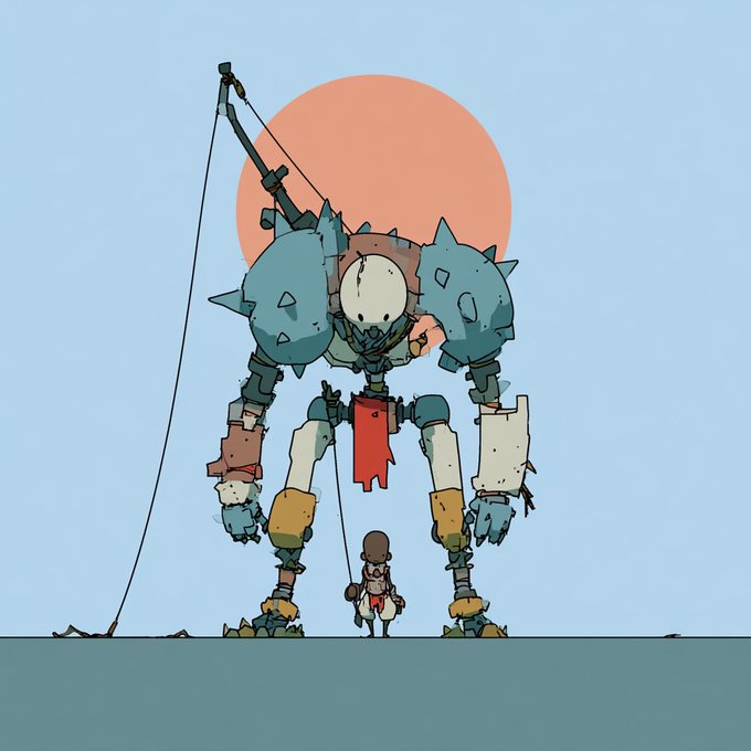 An illustration of a large spiked robot or mech standing over a small figure holding a red flag against a backdrop of an orange sun, rendered in a stylized cartoon art style.