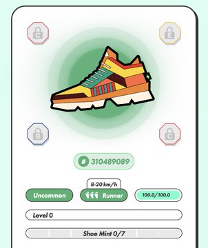 The image features a colorful cartoon shoe with a green background, which appears to be the main focus of the picture. The caption below the shoe reads "今日は「カメハメハ・デー」ということで再掲 #STEPN #ブルバ100". This suggests that there is an item in the image related to a shoe, possibly for sale or as part of a game. The caption provides information about the shoe and its context within the image.