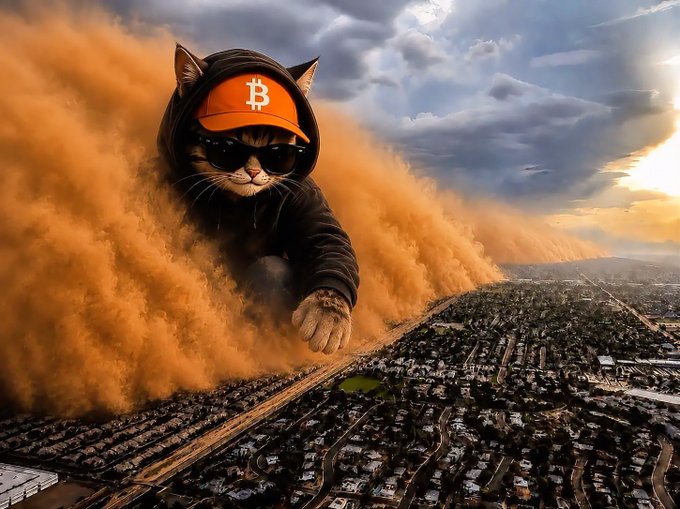 A surreal image shows a giant cat wearing a black hoodie, sunglasses, and an orange Bitcoin cap emerging from a dust cloud over a city.