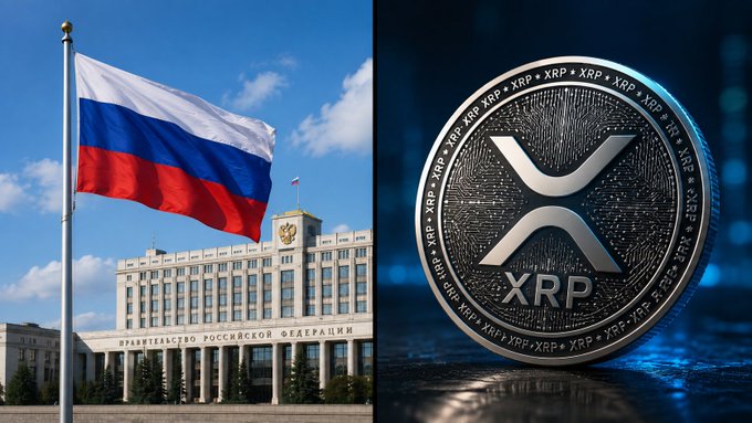 The image is split into two sections: on the left, the Russian flag waves in front of the Government House of the Russian Federation (with visible Cyrillic text "ПРАВИТЕЛЬСТВО РОССИЙСКОЙ ФЕДЕРАЦИИ"), and on the right, a physical XRP cryptocurrency coin is displayed against a dark blue background, symbolizing Russia's new cryptocurrency regulation law signed by President Putin that positions the country ahead of the U.S. in digital asset framework development.