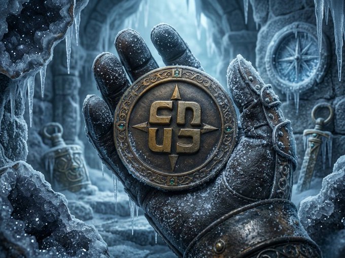A gloved hand holding a bronze medallion with a swastika-like symbol in an icy cave setting with an "S" logo.