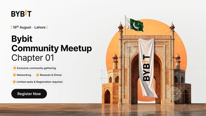 This image shows a promotional banner for the "Bybit Community Meetup – Chapter 01" in Lahore on 16th August, featuring the BYBIT logo and a Pakistani flag atop an architectural monument resembling Badshahi Mosque, highlighting the event's key features: Exclusive community gathering, Networking, Rewards & Dinner, and limited seats requiring registration. The banner visually aligns with the user's excitement about their VIP invitation to the event by reinforcing the Pakistani location, date, and networking opportunities mentioned in their post.