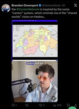 An X/Twitter screenshot by Brandon Davenport (@itsbrandon-) quoting a Canton Network post that includes a Swiss cantons map and a video of a man saying 'cashty and all'.