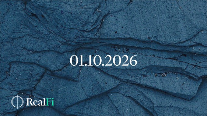 A textured blue rock background displays the date "01.10.2026" in white serif font, with the RealFi logo in the bottom left, promoting an upcoming Korea Blockchain Week evening event in Seoul with the DeFi community.
