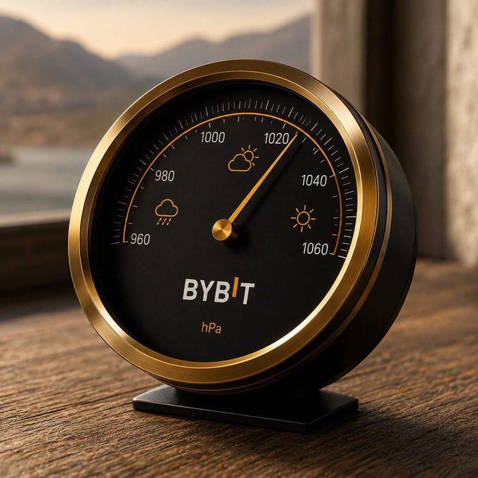 A sleek black and gold analog barometer branded "BYBIT" with "hPa" markings displays a needle near 1020 hPa, surrounded by weather icons (rainy clouds, partly cloudy, and sunny) on its face. The instrument rests on a wooden surface against a blurred backdrop of mountains and water, lending a refined, optimistic morning atmosphere that pairs with the post's cheerful "GM Legends" greeting.