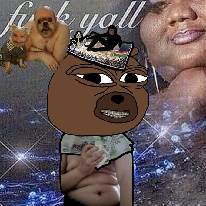 A chaotic digital collage featuring a brown cartoon bear head with grills, layered over a muscular torso holding money, with other cut-out figures and the text 'f**k y'all'.