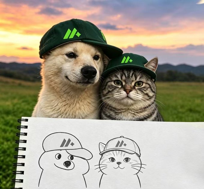 An AI-generated image showing a dog and cat wearing matching green caps with a logo, alongside a sketchbook with their portraits drawn beneath them at sunset.