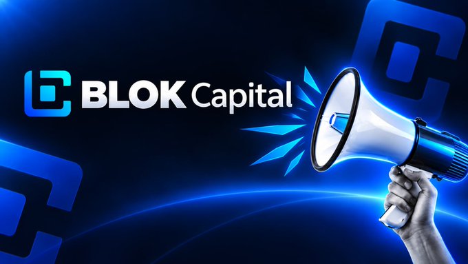 A promotional graphic featuring the 'BLOK Capital' logo in blue, with a hand holding a megaphone emitting blue light rays against a dark blue background.