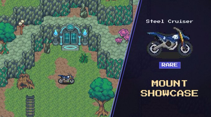 The image shows a detailed screenshot of an online map game with various elements, including trees, rocks, and a blue bicycle parked outside. On top of this scene, there's a game poster featuring a blue motorcycle and the words "Special Edition" in front of it. The overall theme appears to be related to biking games or biking-related content like biking trails or competitions. The map game description also mentions that rare items can be found on certain locations, adding an element of discovery for players who explore the map.
