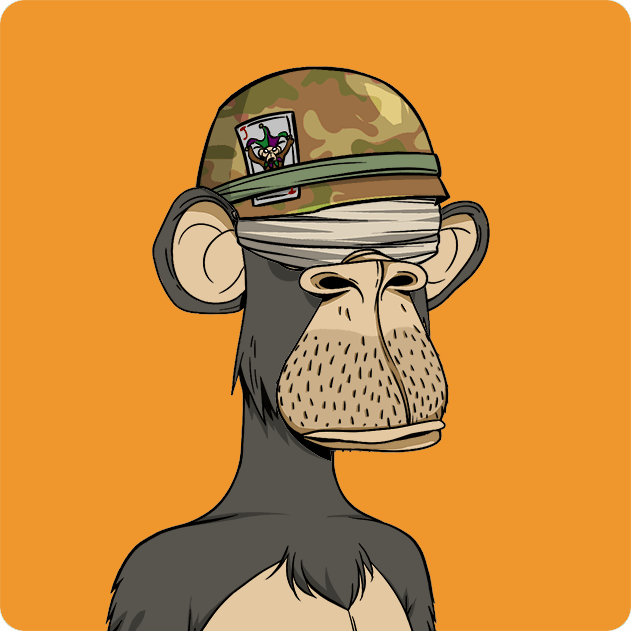 A cartoon illustration of a bored-looking chimpanzee wearing a camouflage military helmet with a bandage wrapped around its head, set against an orange background. The helmet features a small patch depicting the cartoon character's face.