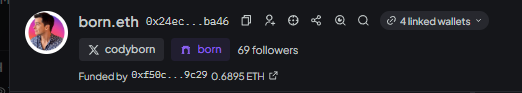 A profile header for "born.eth" (wallet 0x24ec...ba46) showing 69 followers, with username @codyborn, funded by address 0x£58c...9c29 with a balance of 0.6895 ETH and 4 linked wallets, contextualizing the creator who launched the $FROGE auction referenced in the post.
