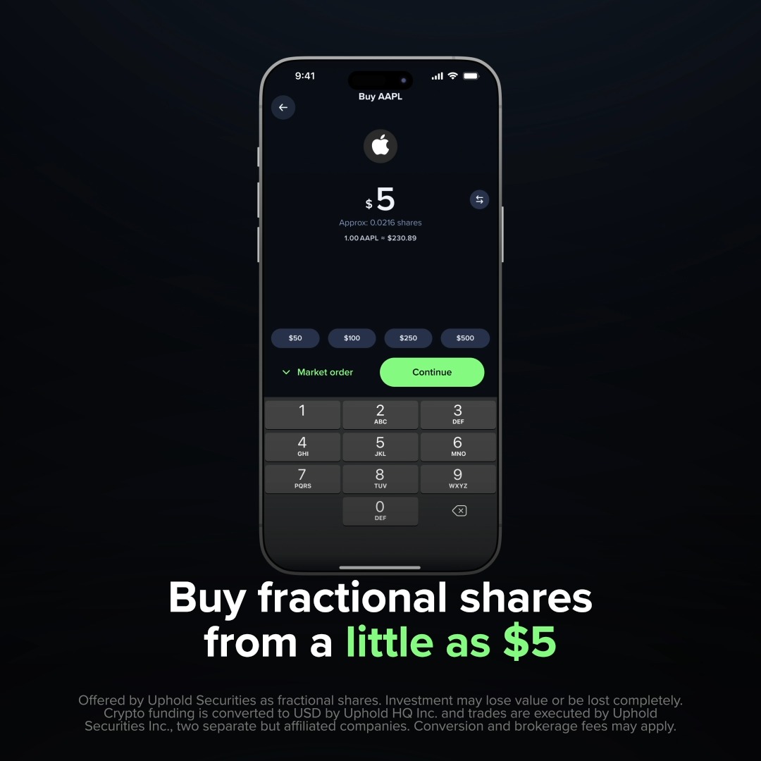 A smartphone screen displays a Uphold app "Buy AAPL" purchase page with a $5 investment amount, showing 0.0216 shares of Apple stock at $230.89 per share, accompanied by the text "Buy fractional shares from a little as $5" and the disclaimer "Offered by Uphold Securities as fractional shares. Investment may lose value or be lost completely."