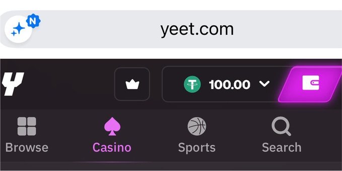 The image shows the "yeet.com" betting platform interface with a $100.00 TUSD balance displayed, highlighting the "Casino" tab selection. This relates to the post as the user is acknowledging a tip they received through the platform, expressing gratitude for following MINHxDYNASTY who provides content and betting tips on yeet.