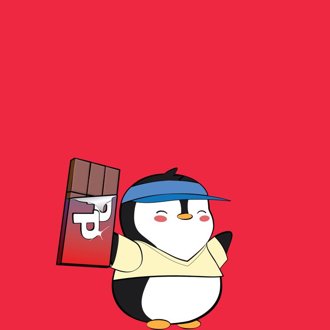 The image features a cartoon penguin standing upright with its arms raised, holding a chocolate bar in front of it. The background is red, which complements the penguin's white body and black beak. The text "just bought my forever lil pudgy I’ve been following @pudgypenguins for a long time, and i genuinely love what the team is building the way @LucaNetz and the entire crew keep pushing forward" is written in the image. This suggests that the penguin might be promoting or supporting a particular brand or project related to penguins.