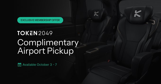 A promotional advertisement for TOKEN2049 offering a 'Complimentary Airport Pickup' as an exclusive membership offer available October 3 - 7, displayed over an image of luxury van seats.