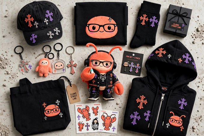 A flat-lay merchandise collection from 'Cloud Street Lab' featuring a character with glasses and antennae, including a cap, tote bag, socks, hoodie, plush toy, keychains, a t-shirt, and stickers in a black, orange, and purple color scheme.