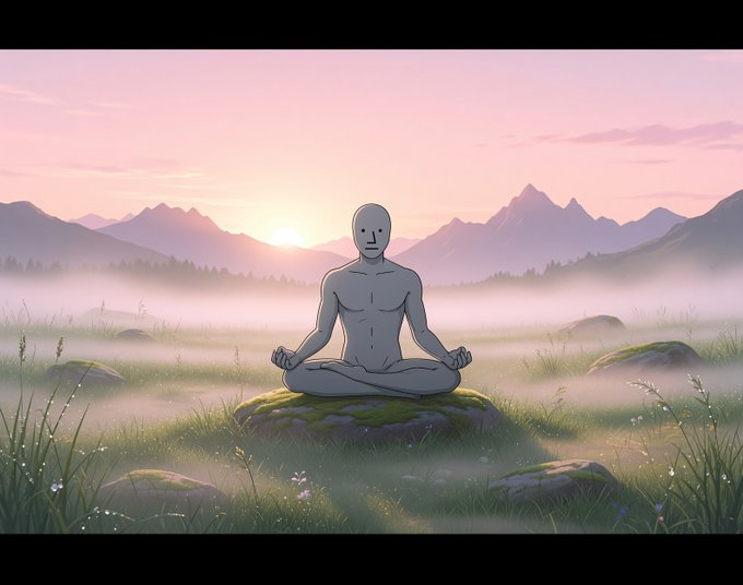 An illustration shows a gray, faceless humanoid figure meditating cross-legged on a mossy rock in a misty field at sunset, surrounded by mountains.