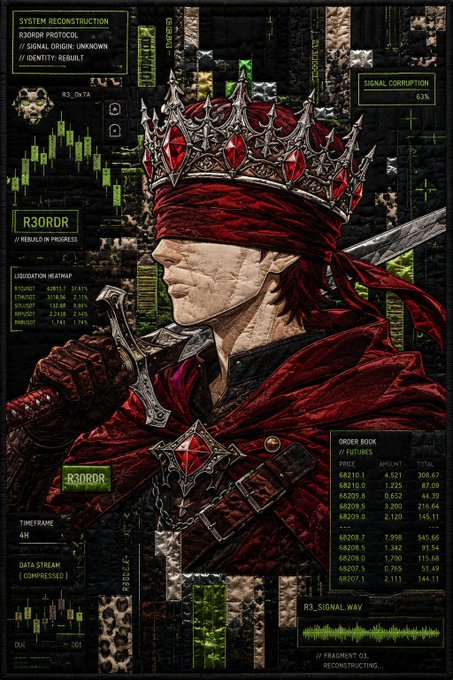 A hooded figure wearing a red blindfold and an ornate silver crown with red gems stands before a digital dashboard showing "R3ORDR PROTOCOL" with 63% signal corruption, "SYSTEM RECONSTRUCTION" data, and "LIQUIDATION HEATMAP" charts tracking pairs like SOL/USDT and ETH/USDT. The image's "blessed" and "going to pay" themes align with the post's boast about using a Visa card to cover weekend bills, while the financial charts symbolize a trader's confidence in profiting from the market.