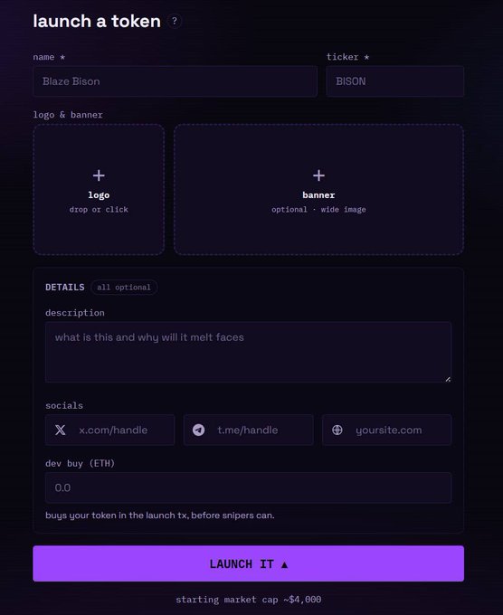 A dark-themed token launch interface for "Blaze Bison" (ticker: BISON) with empty logo and banner upload fields, social media input slots, and a prominent purple "LAUNCH IT" button showing a starting market cap of ~$4,000—illustrating the wobl.fun memecoin creation experience the post endorses for Robinhood trading.