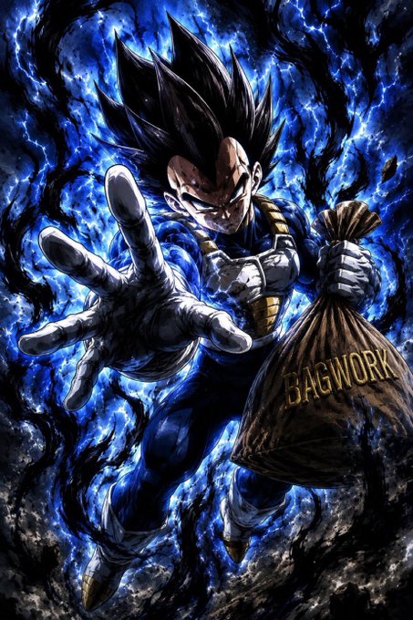 The image depicts Vegeta from Dragon Ball Z in a dramatic, blue-flame aura, reaching forward with one hand while clutching a money bag labeled "BAGWORK" in the other. The illustration humorously personifies the post's advice, portraying the determined Saiyan prince as the embodiment of step three—relentlessly "bagworking" his bag to achieve success.